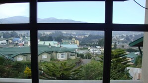 Une vue à travers une fenêtre à carreaux multiples, donnant sur un quartier résidentiel avec des maisons, de la verdure et des montagnes au loin.