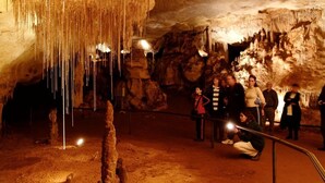 A cave interior with stalactites, a railing, and visitors.