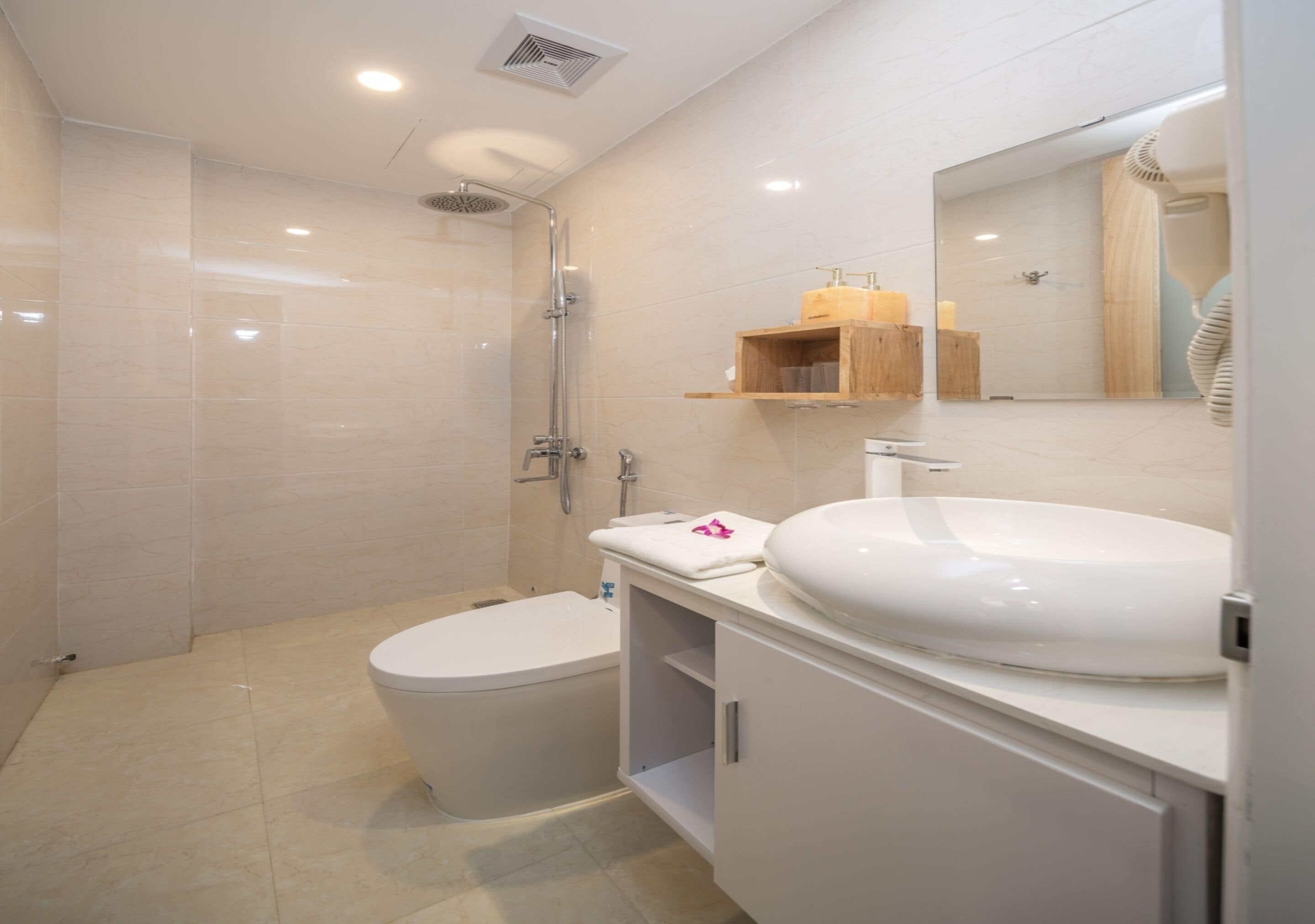 shower, hydromassage showerhead, designer toiletries, hair dryer