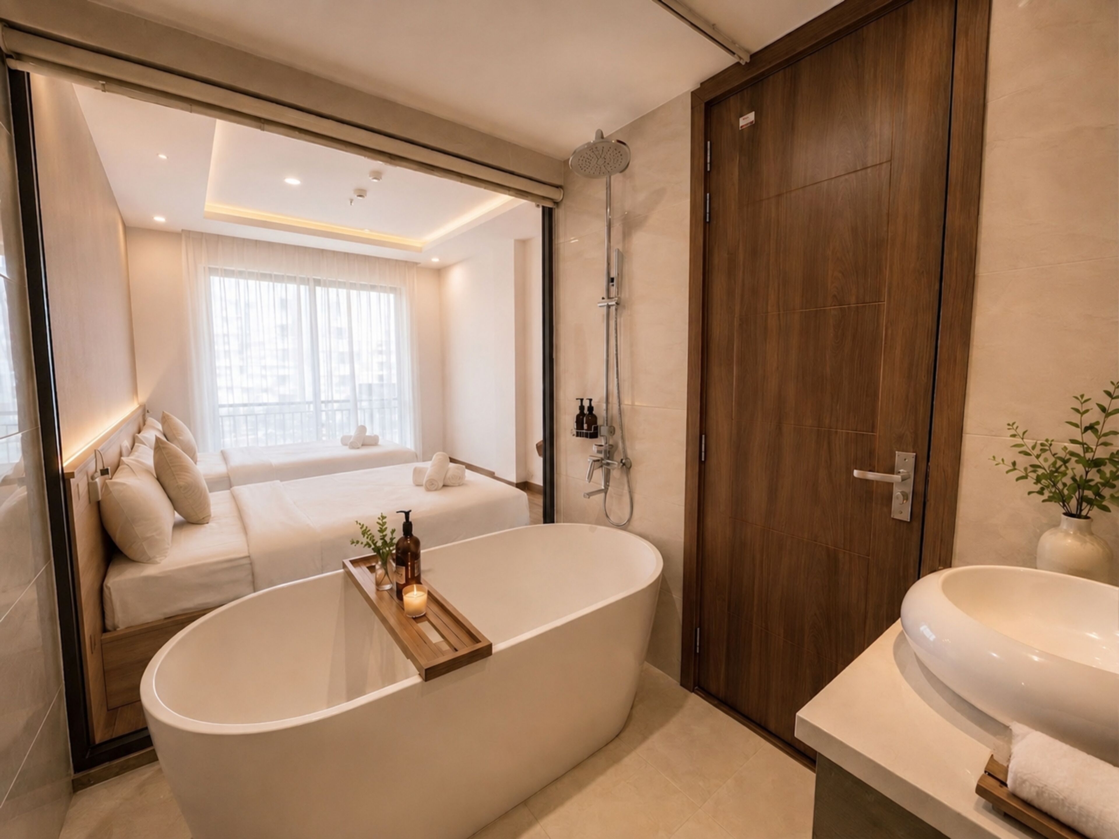 A modern bathroom with a freestanding bathtub, a wooden vanity, and a shower area.