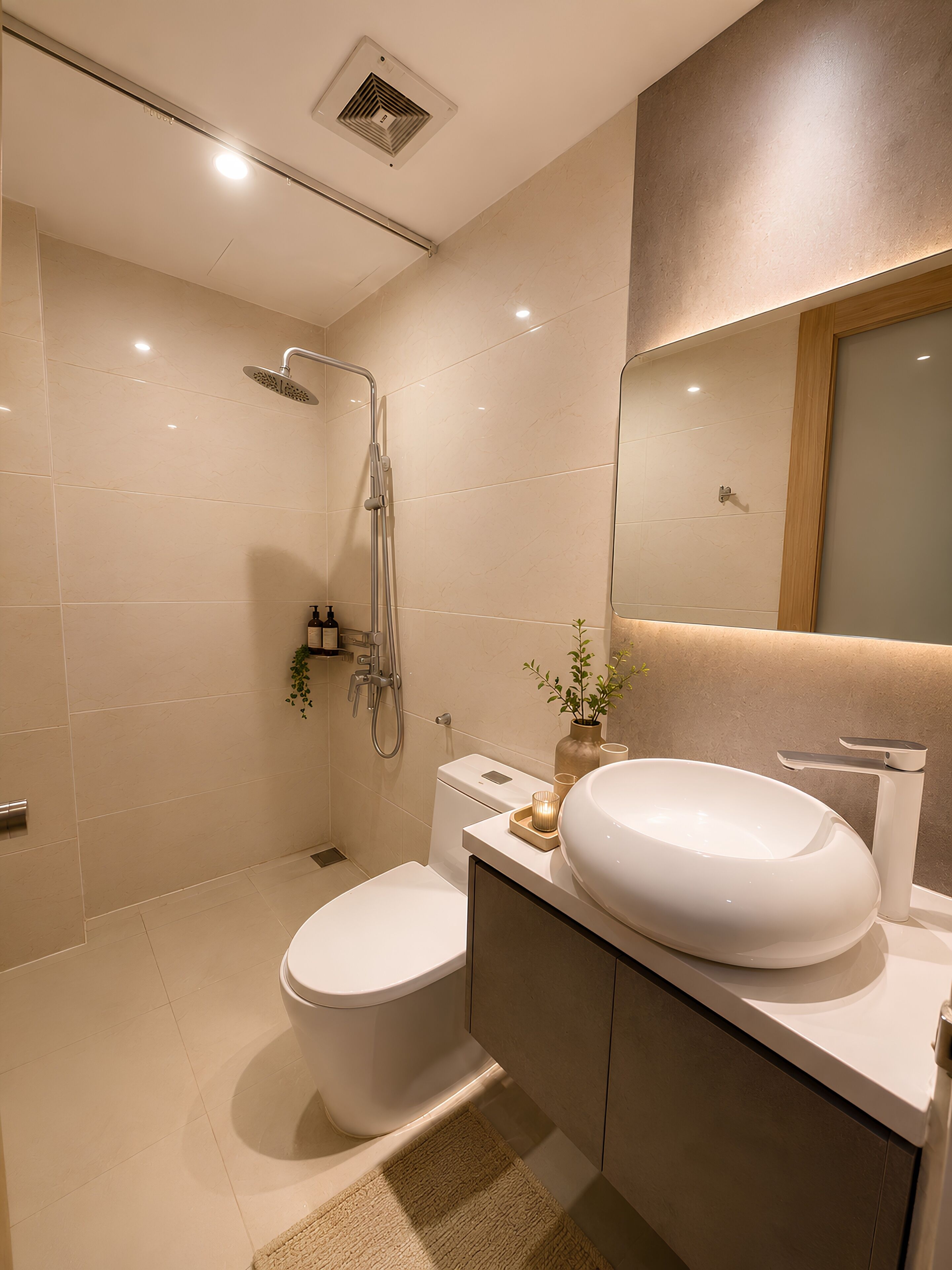 Un baño moderno con inodoro, lavabo, ducha y espejo.