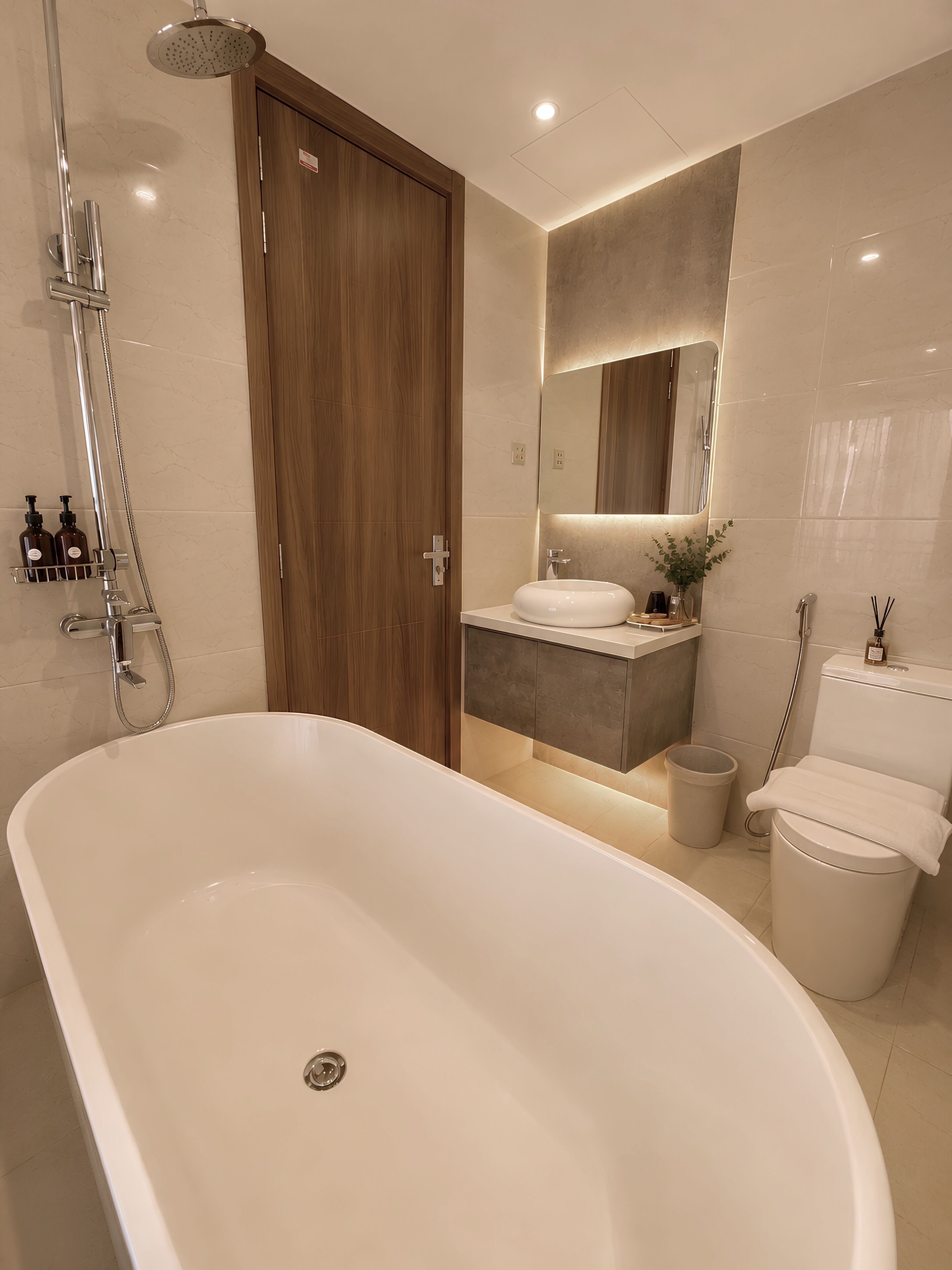 A modern bathroom with a freestanding bathtub, a wooden door, a vanity with a mirror, and a toilet.