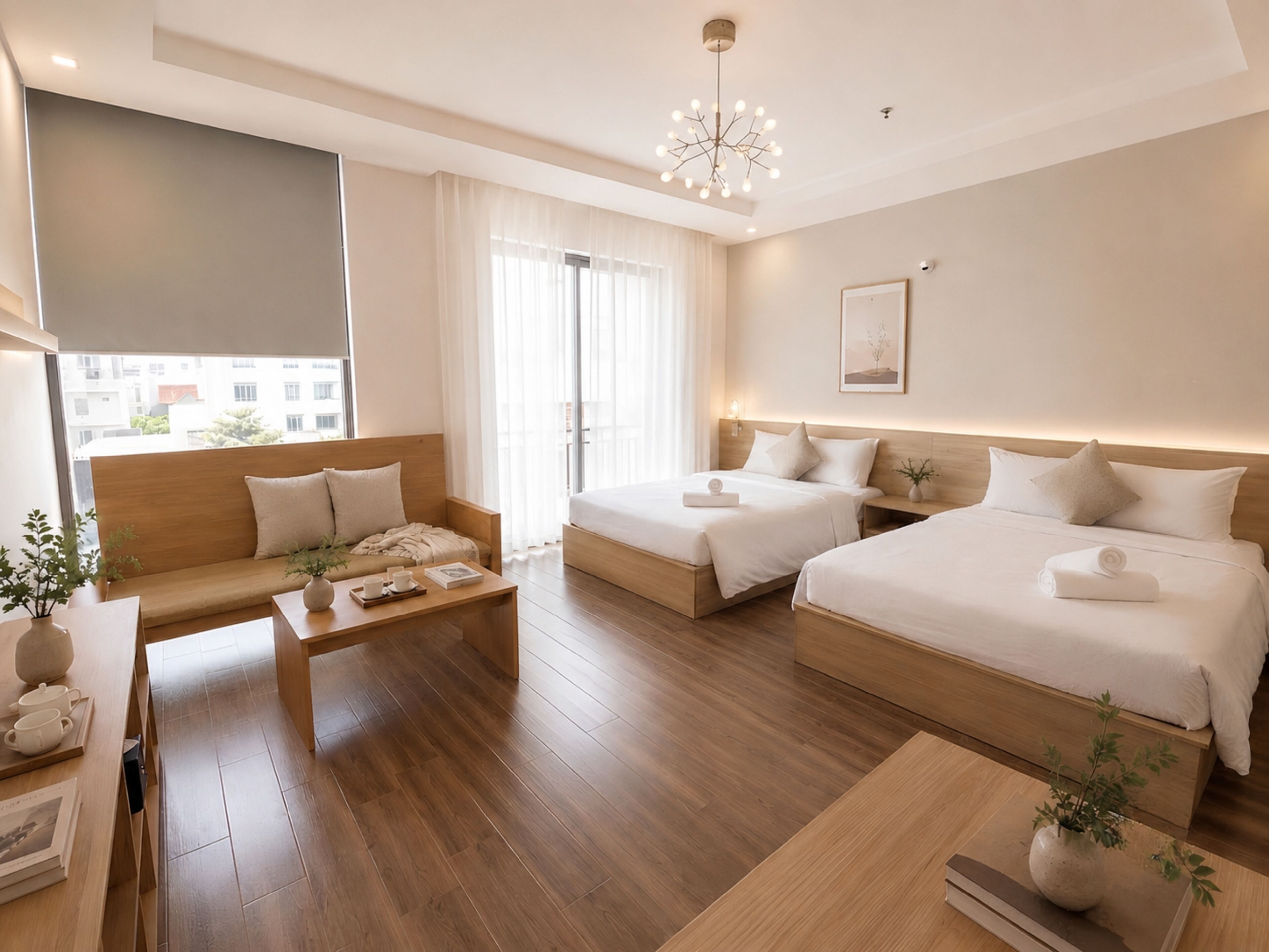 Una habitación de hotel moderna con dos camas, un sofá, una mesita de centro y un ventanal grande.