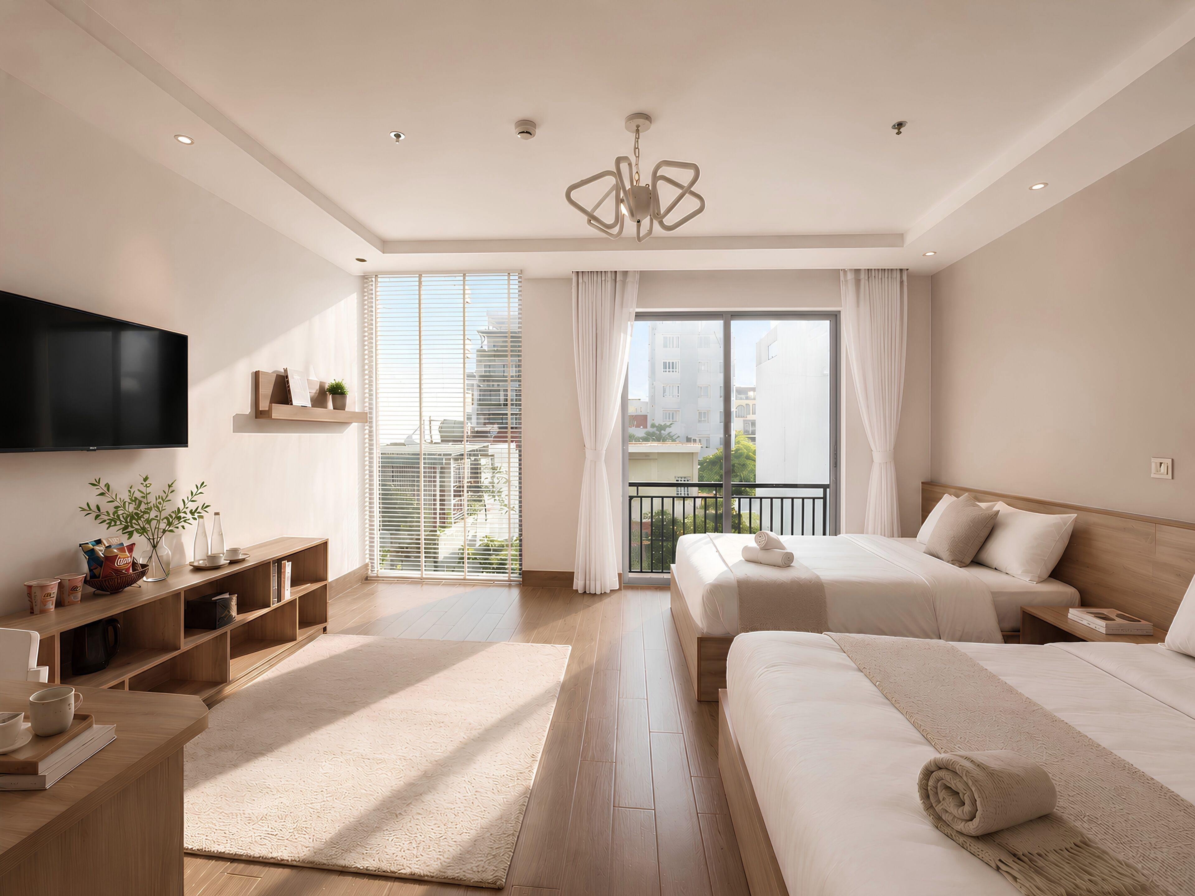 Family Studio Suite, 2 Queen Beds, Balcony, City View | Premium bedding, pillow-top beds, minibar, individually decorated