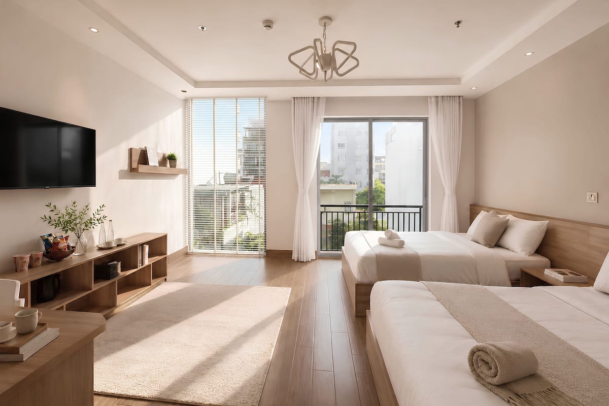 Family Studio Suite, 2 Queen Beds, Balcony, City View | Premium bedding, pillow-top beds, minibar, individually decorated
