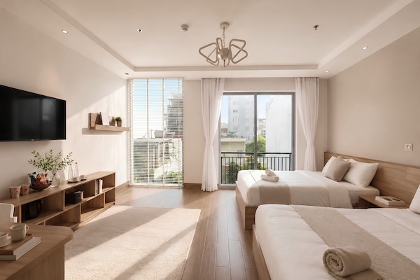 Family Studio Suite, 2 Queen Beds, Balcony, City View | Premium bedding, pillowtop beds, minibar, individually decorated