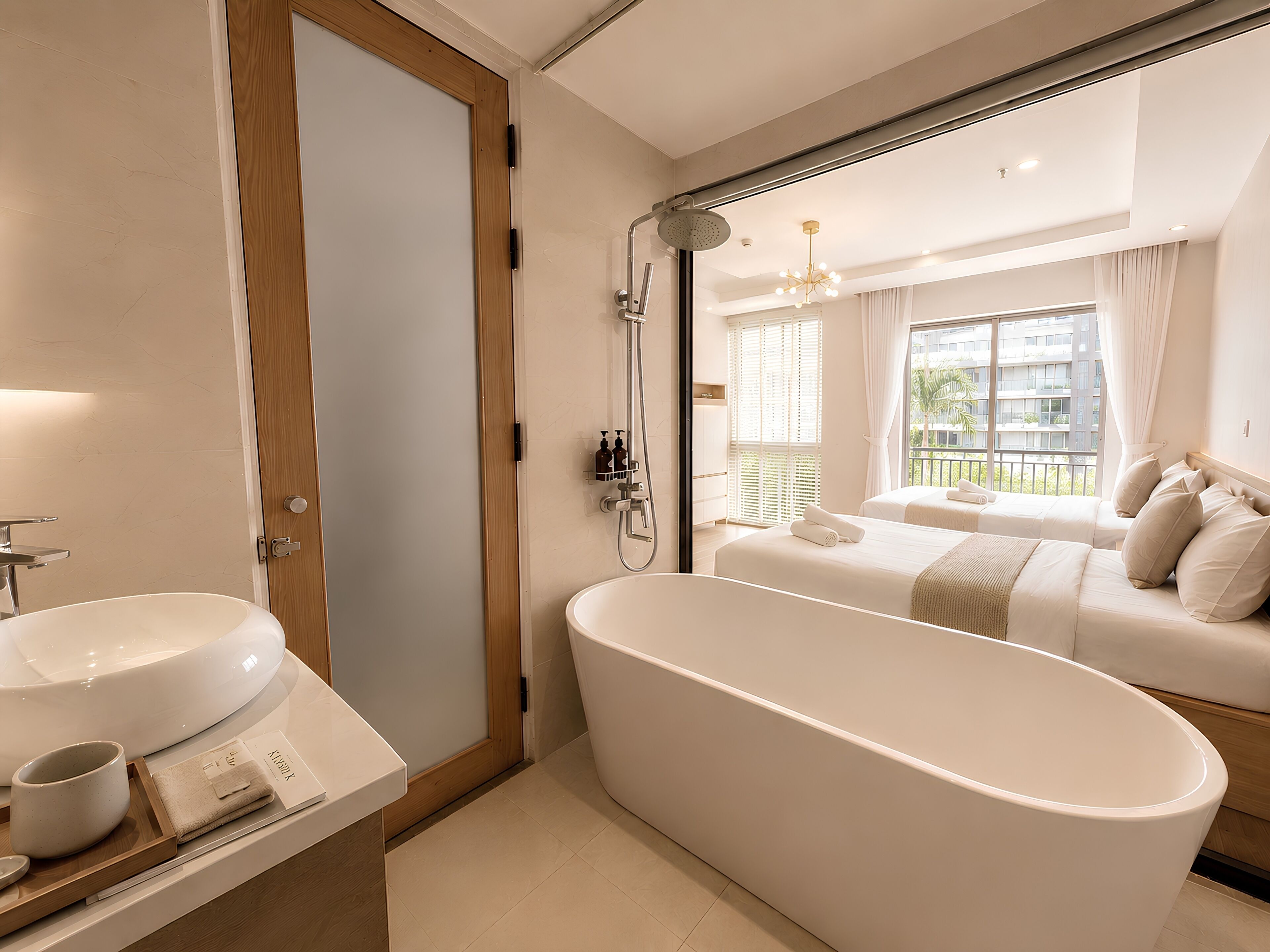 Familie studio suite, 2 queensize bedden, balkon, uitzicht op stad | Badkamer | Een douche, een hydromassagedouche, designer toiletartikelen