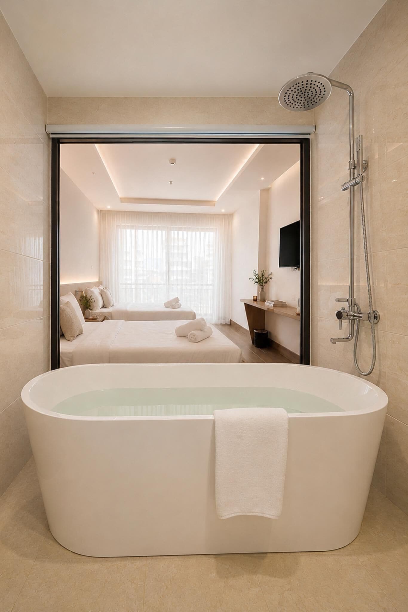 A modern bathroom with a freestanding bathtub, a shower, and a large window with sheer curtains.