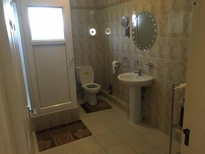 A bathroom with a toilet, sink, mirror, and a window. - Faisan Dore (Flic-en-Flac)
