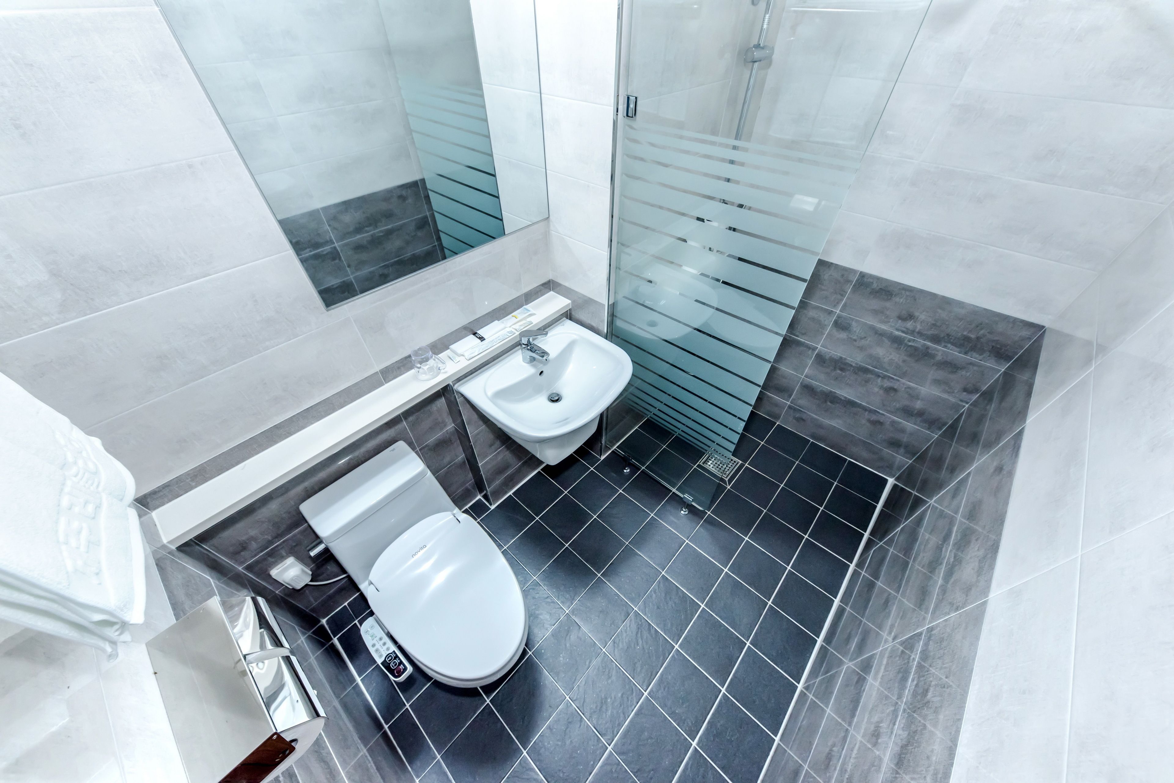 shower, rainfall showerhead, hair dryer, slippers