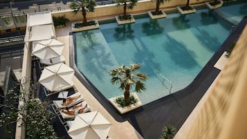 A rooftop pool with sun loungers and palm trees.