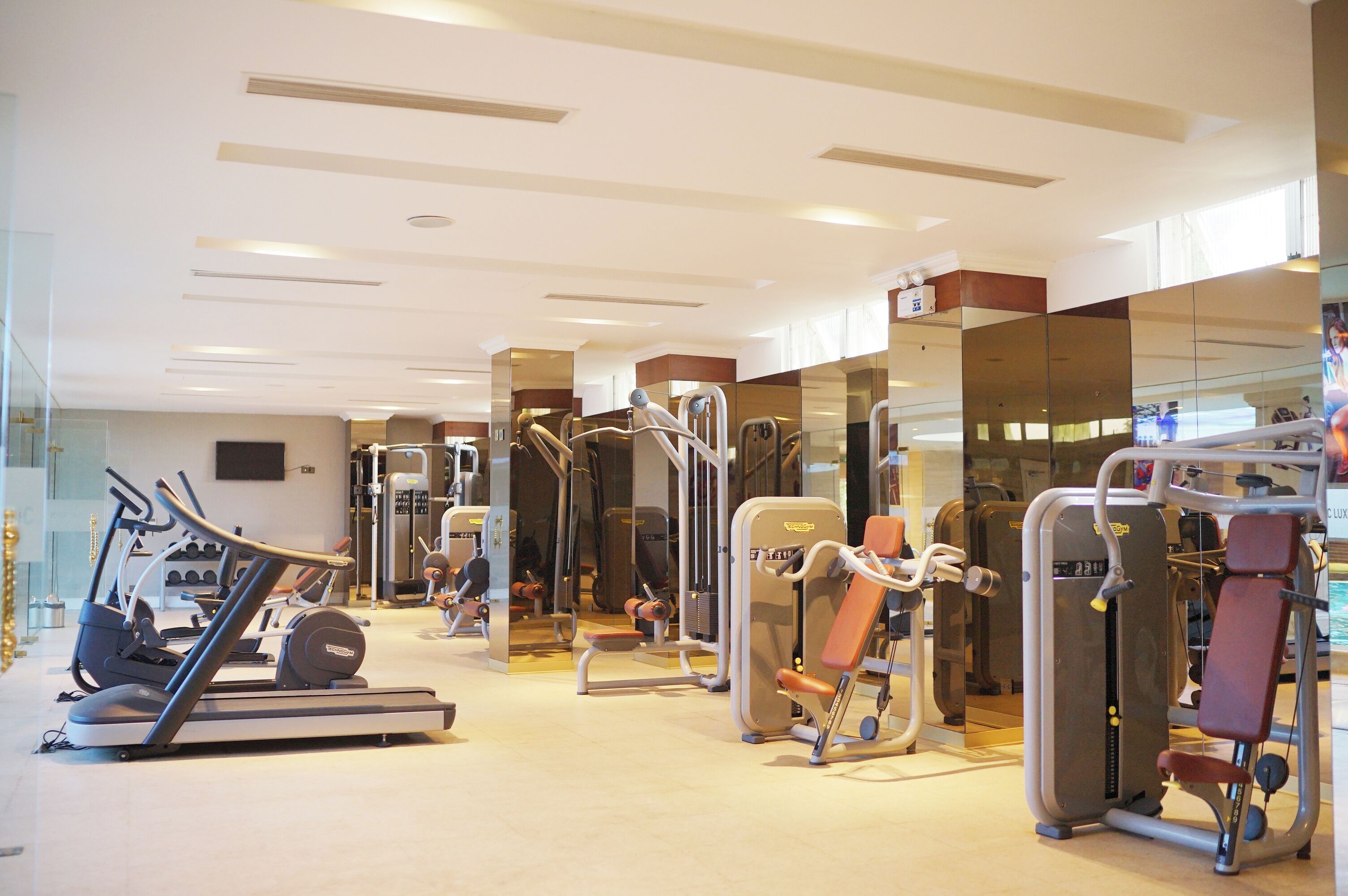A gym with various exercise machines, including treadmills and weight training equipment.