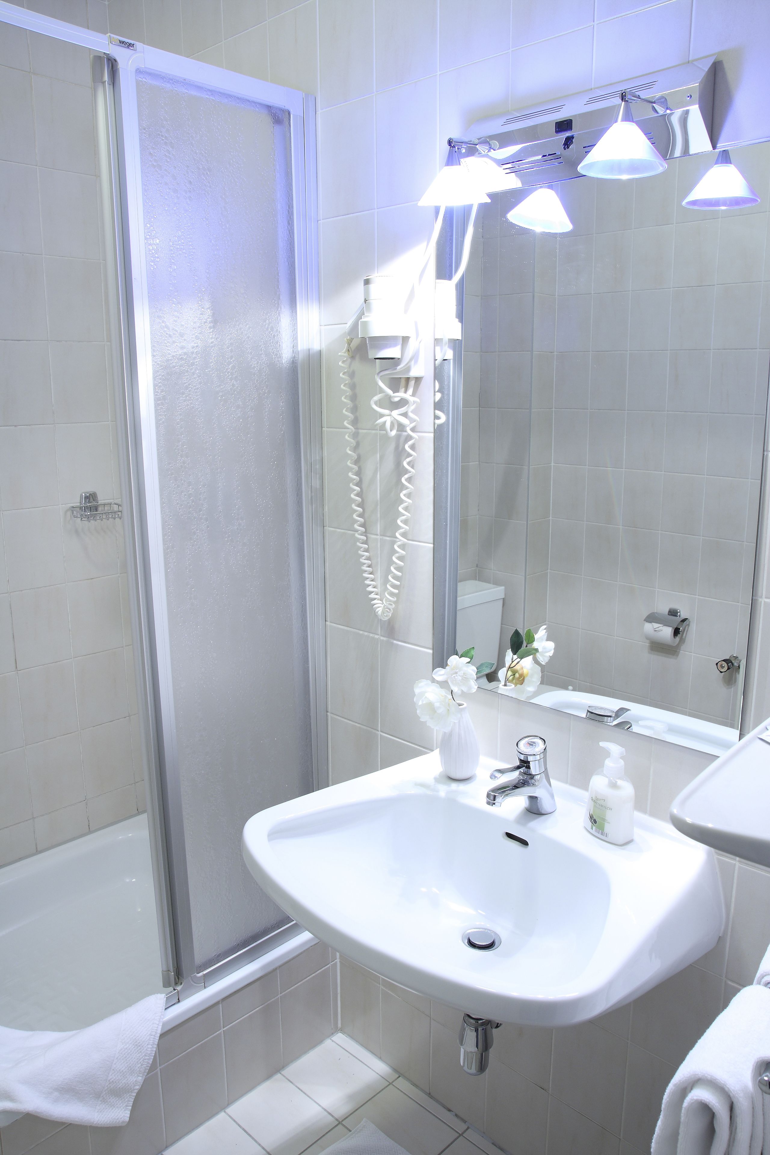 shower, free toiletries, hair dryer, towels