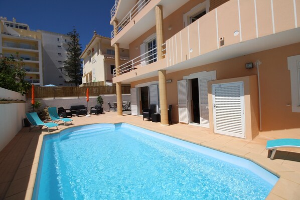 Outdoor pool, sun loungers