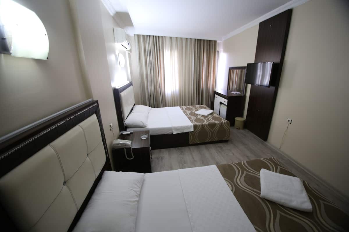 A hotel room with two beds, a desk, a mirror, and a TV.