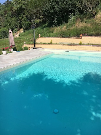 Seasonal outdoor pool, open 10:00 AM to 7:00 PM, pool umbrellas