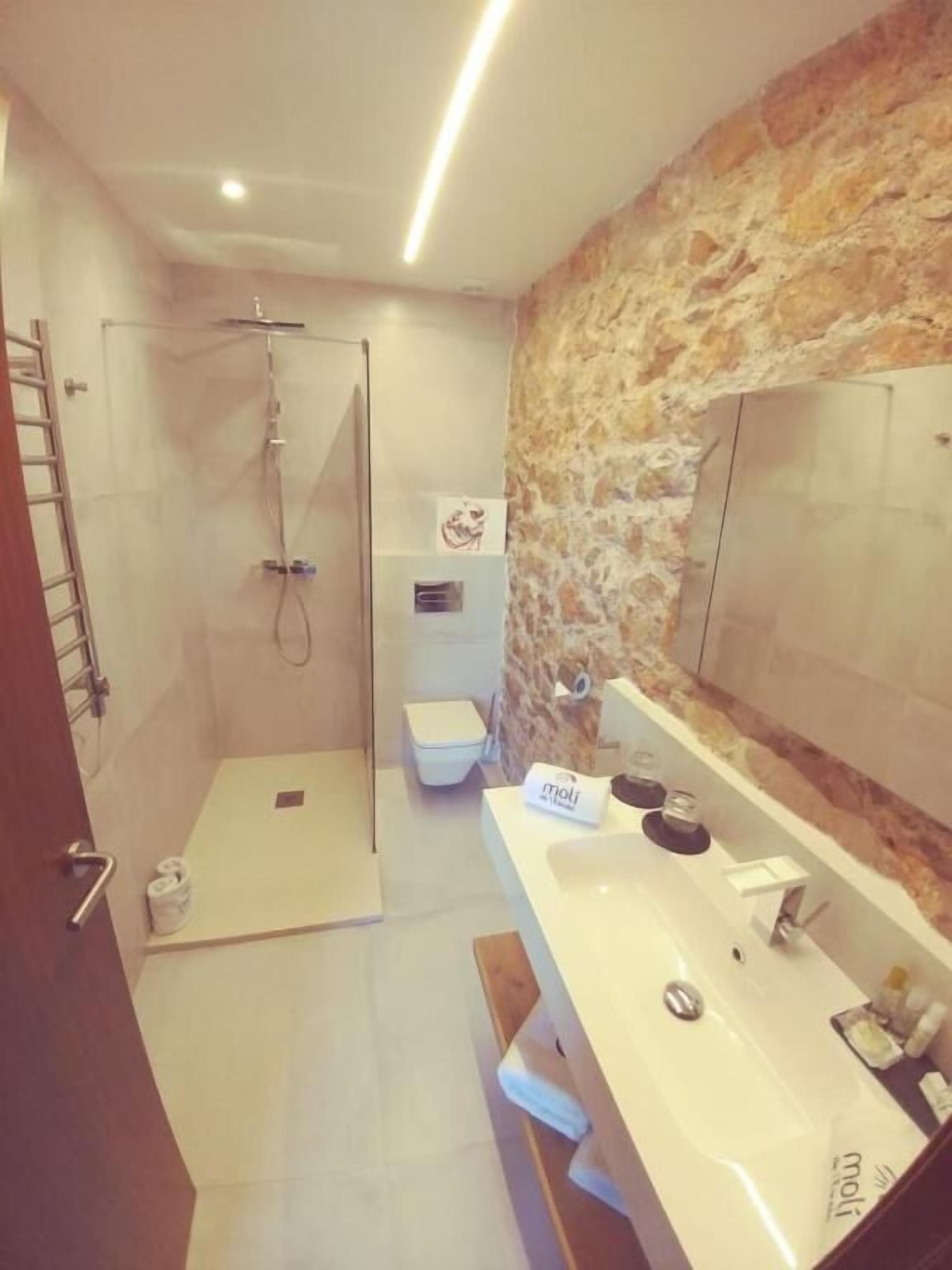 Un baño moderno con una pared de acento de piedra, ducha a ras de suelo, inodoro y tocador con espejo.