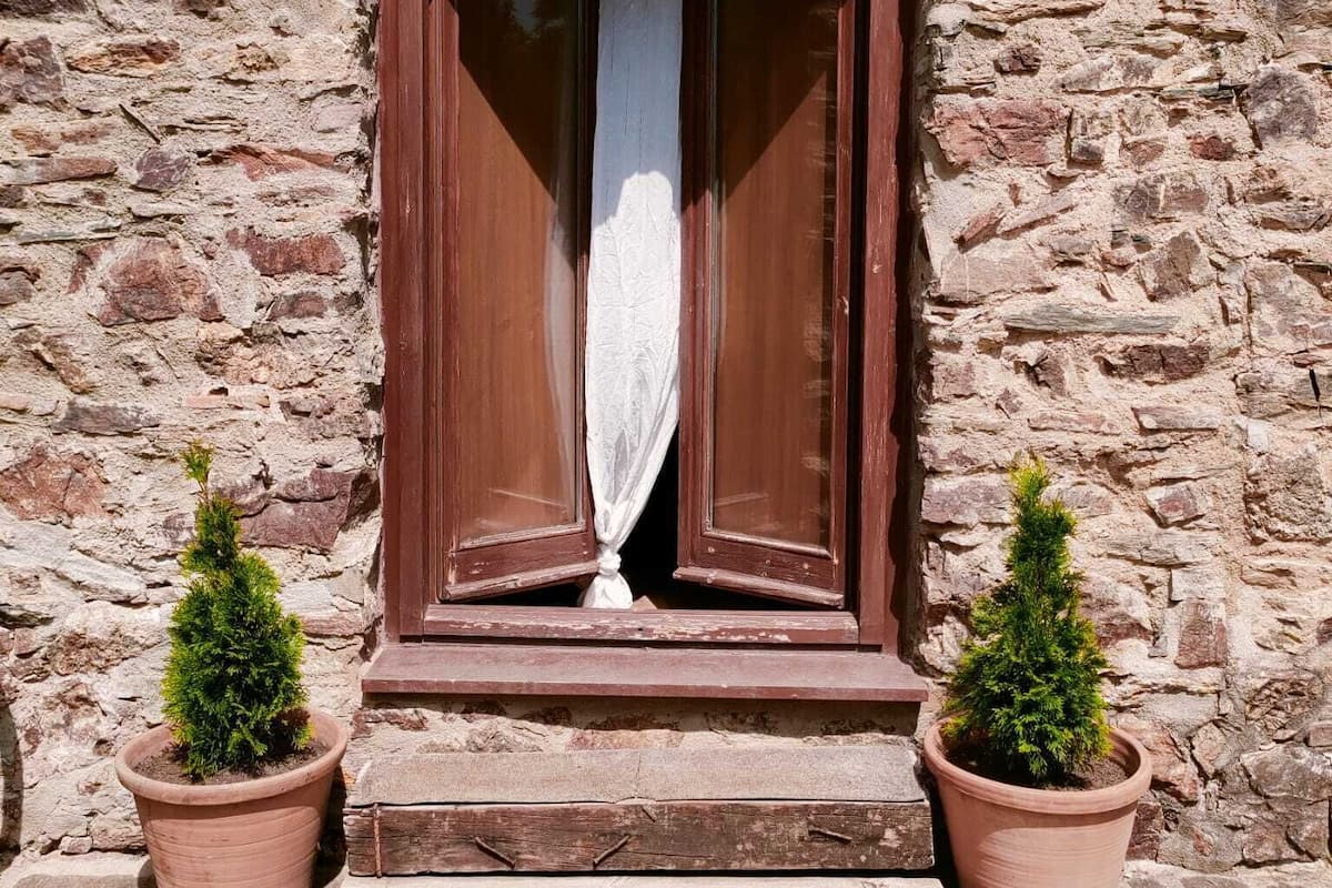 A stone building with a wooden door and two potted plants on either side.