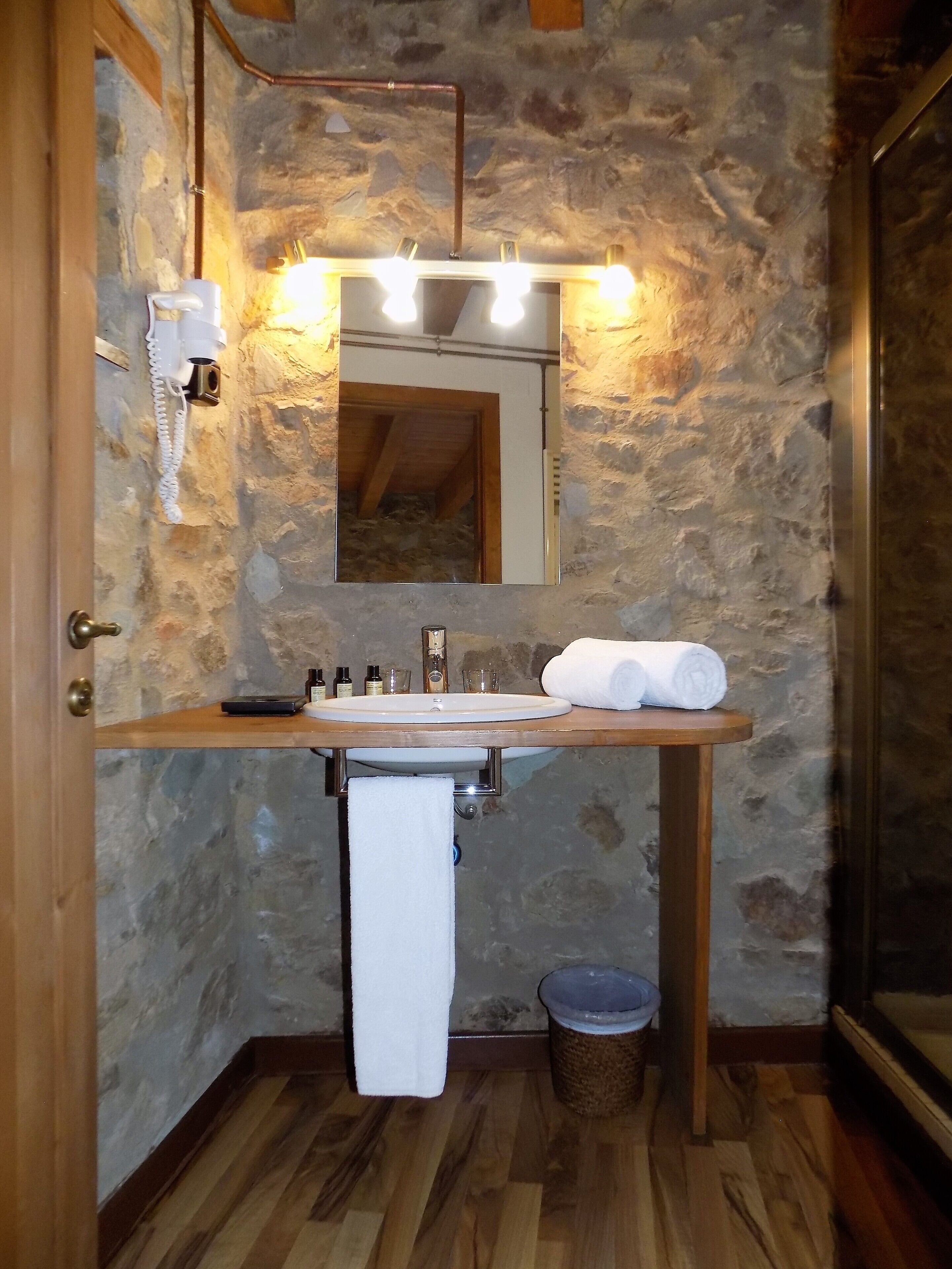 standard double room, 1 double or 2 single beds, mountain view | bathroom | shower, hair dryer, towels, soap