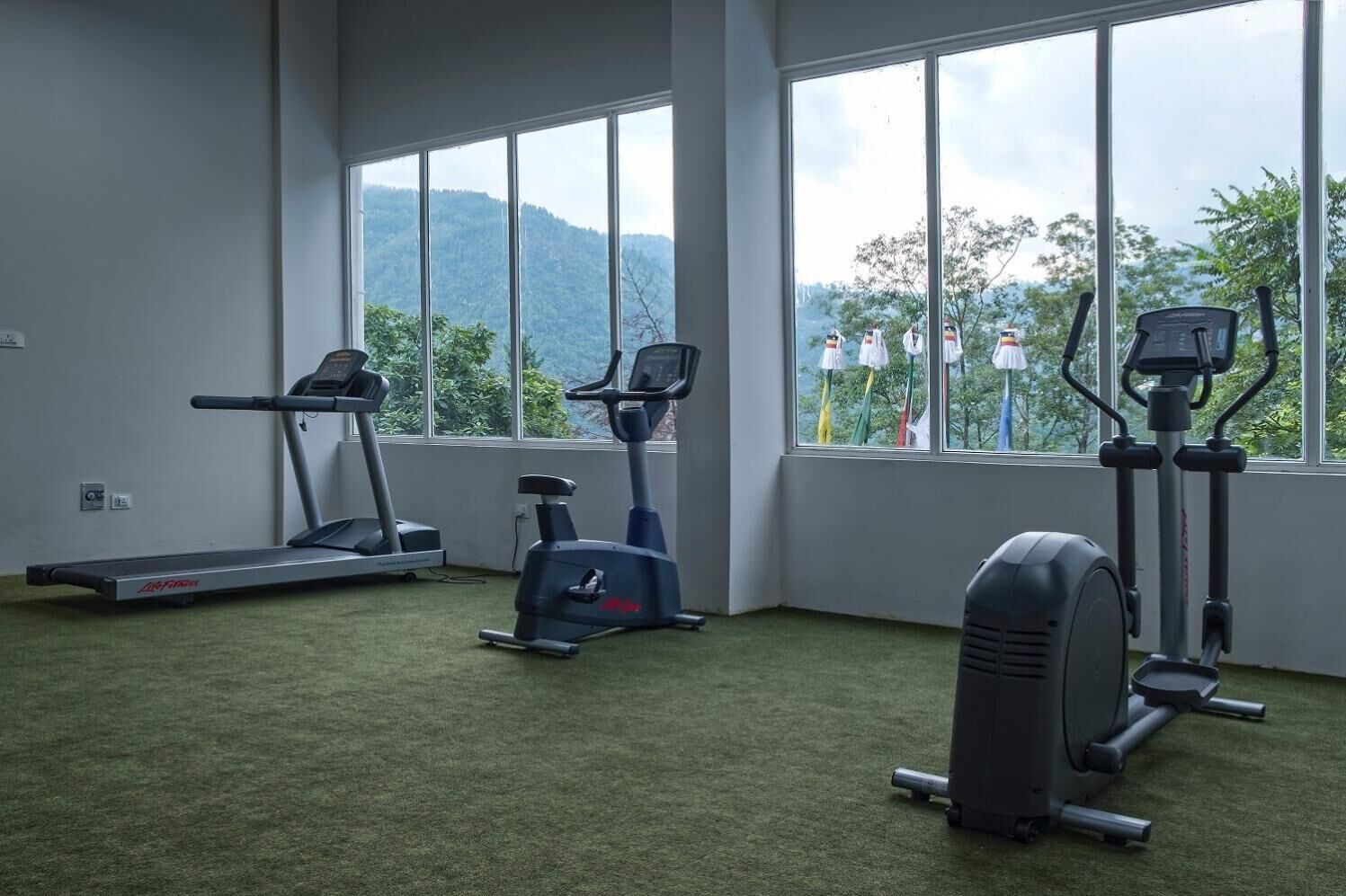 A gym with treadmills, an elliptical, and a stationary bike, large windows with a mountain view.
