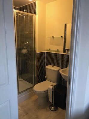 A bathroom with a glass-enclosed shower, a toilet, and a sink.