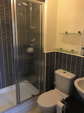 A bathroom with a glass-enclosed shower, a toilet, and a sink. - York Holiday Home (York)