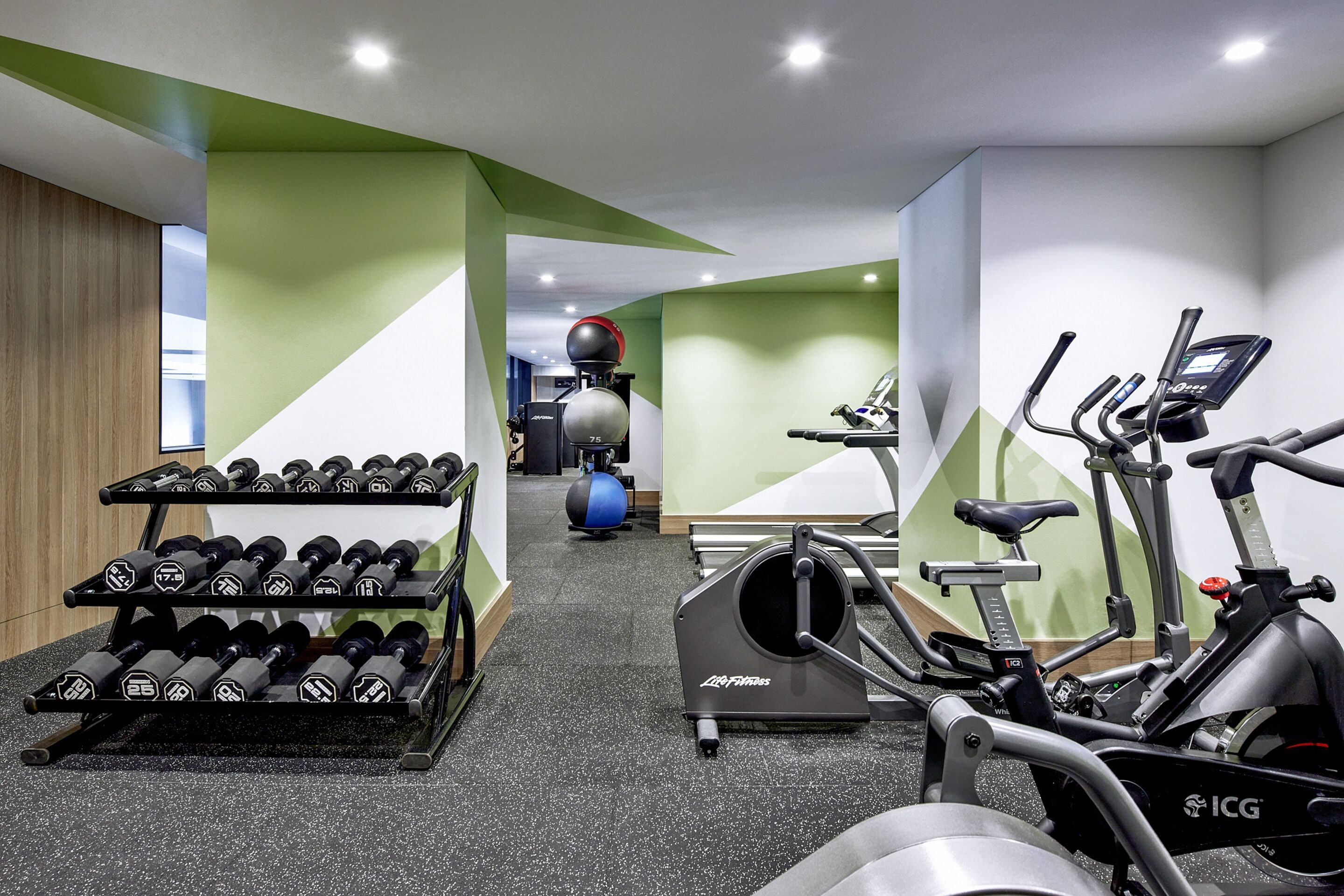 A gym with exercise equipment including dumbbells, a stationary bike, and a rowing machine.