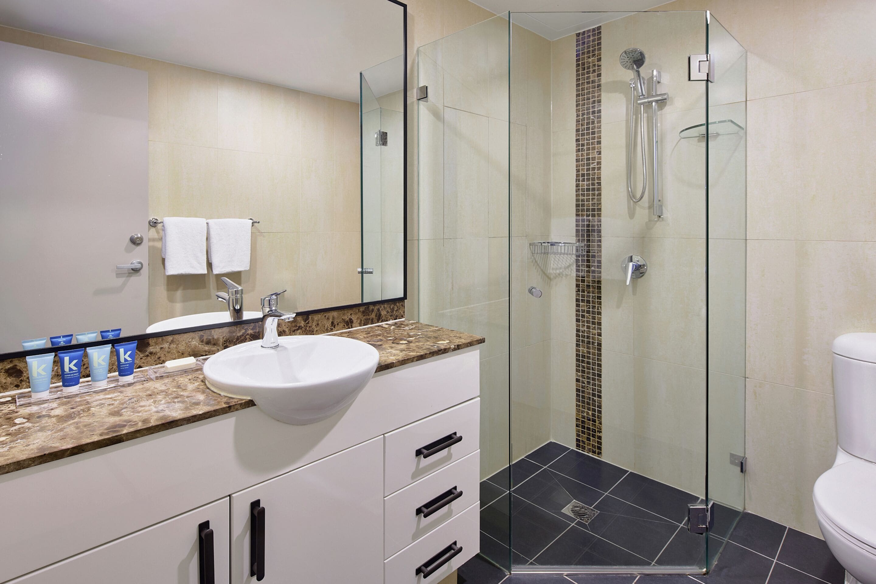 Une salle de bain moderne avec une douche à parois de verre, un lavabo blanc et un grand miroir.