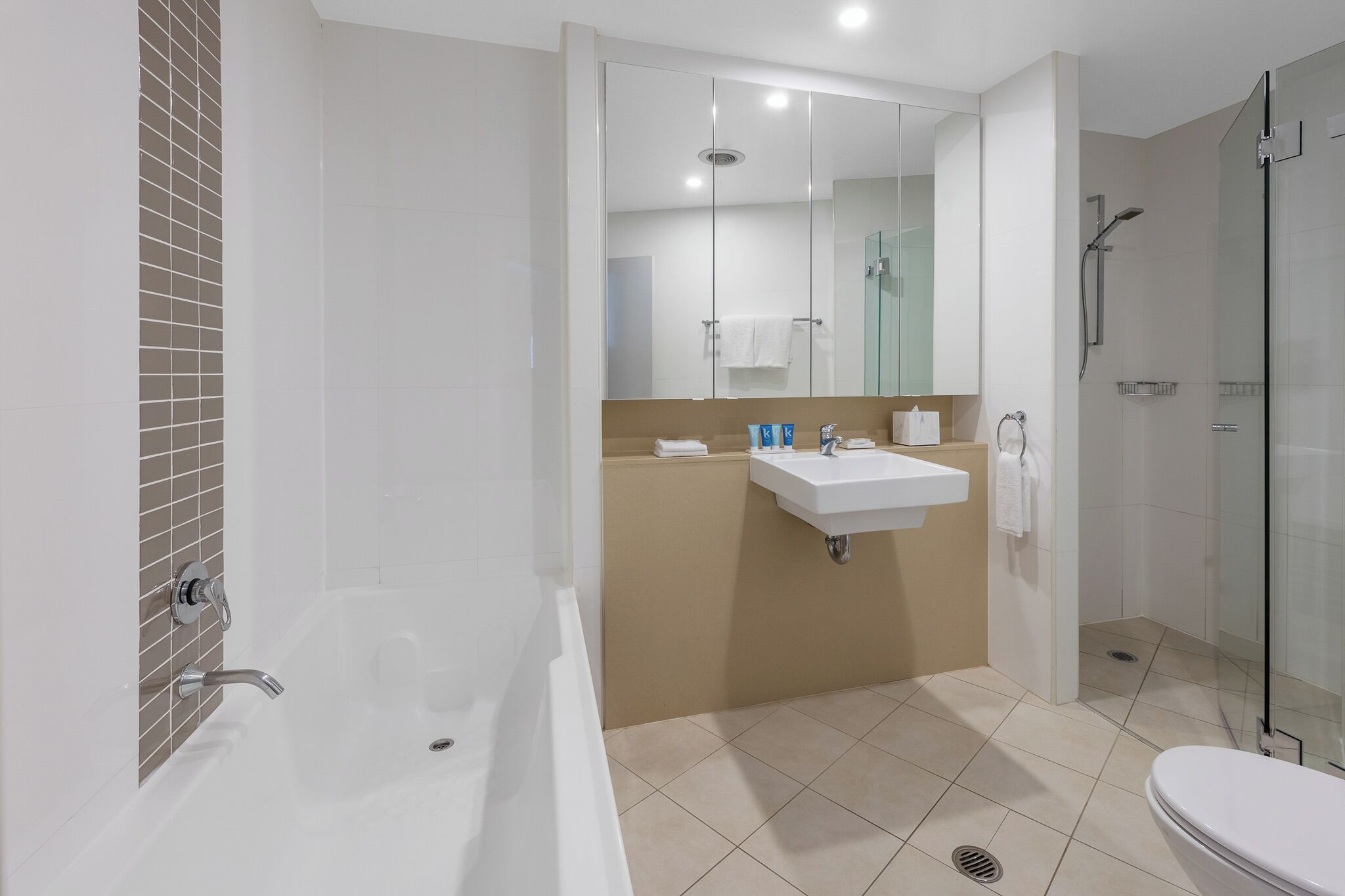 Une salle de bain moderne avec une baignoire, un lavabo et une cabine de douche en verre.