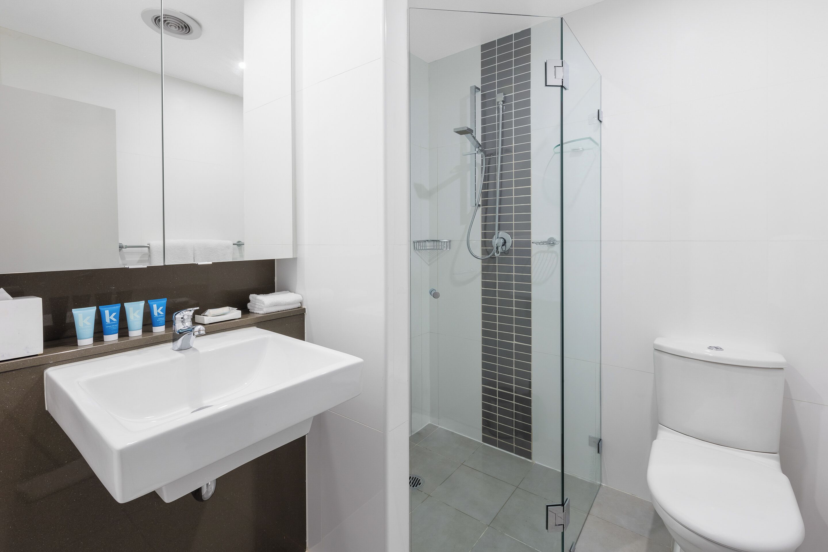 A modern bathroom with a white sink, a glass shower enclosure, and a white toilet.
