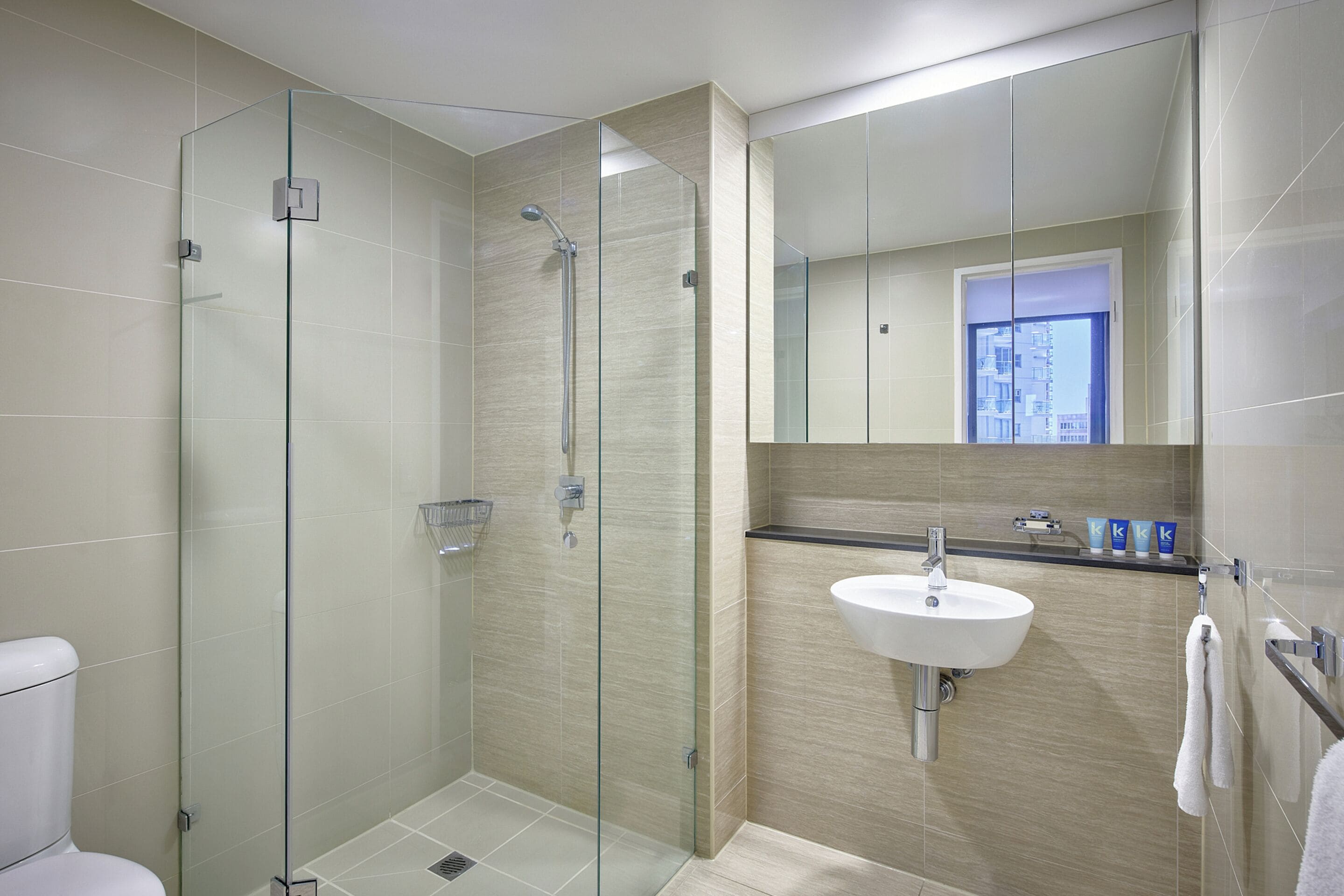A modern bathroom with a glass-enclosed shower, a white sink, and a large mirror reflecting the room.