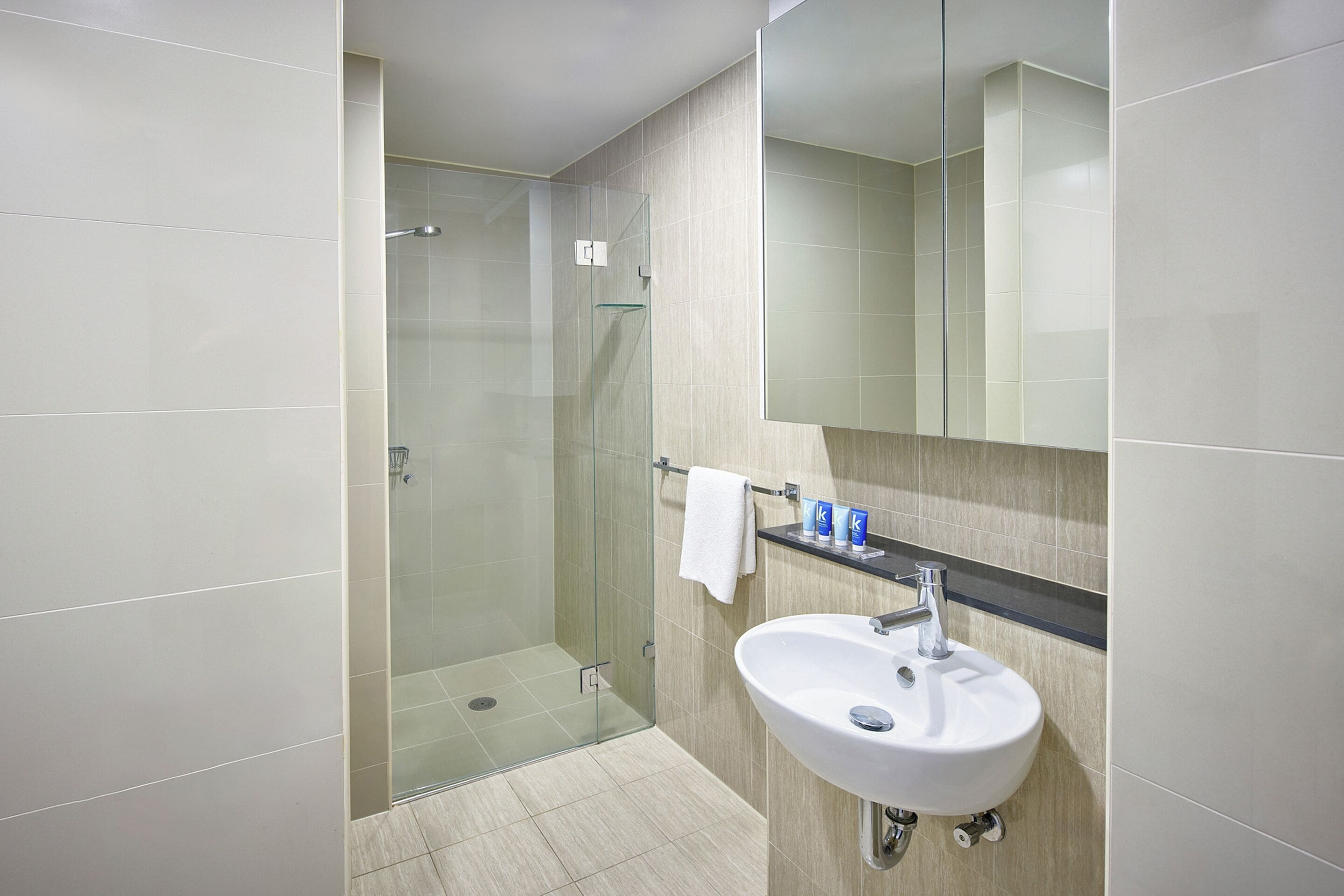 A modern bathroom with a glass-enclosed shower, a white sink, and a mirror above it.