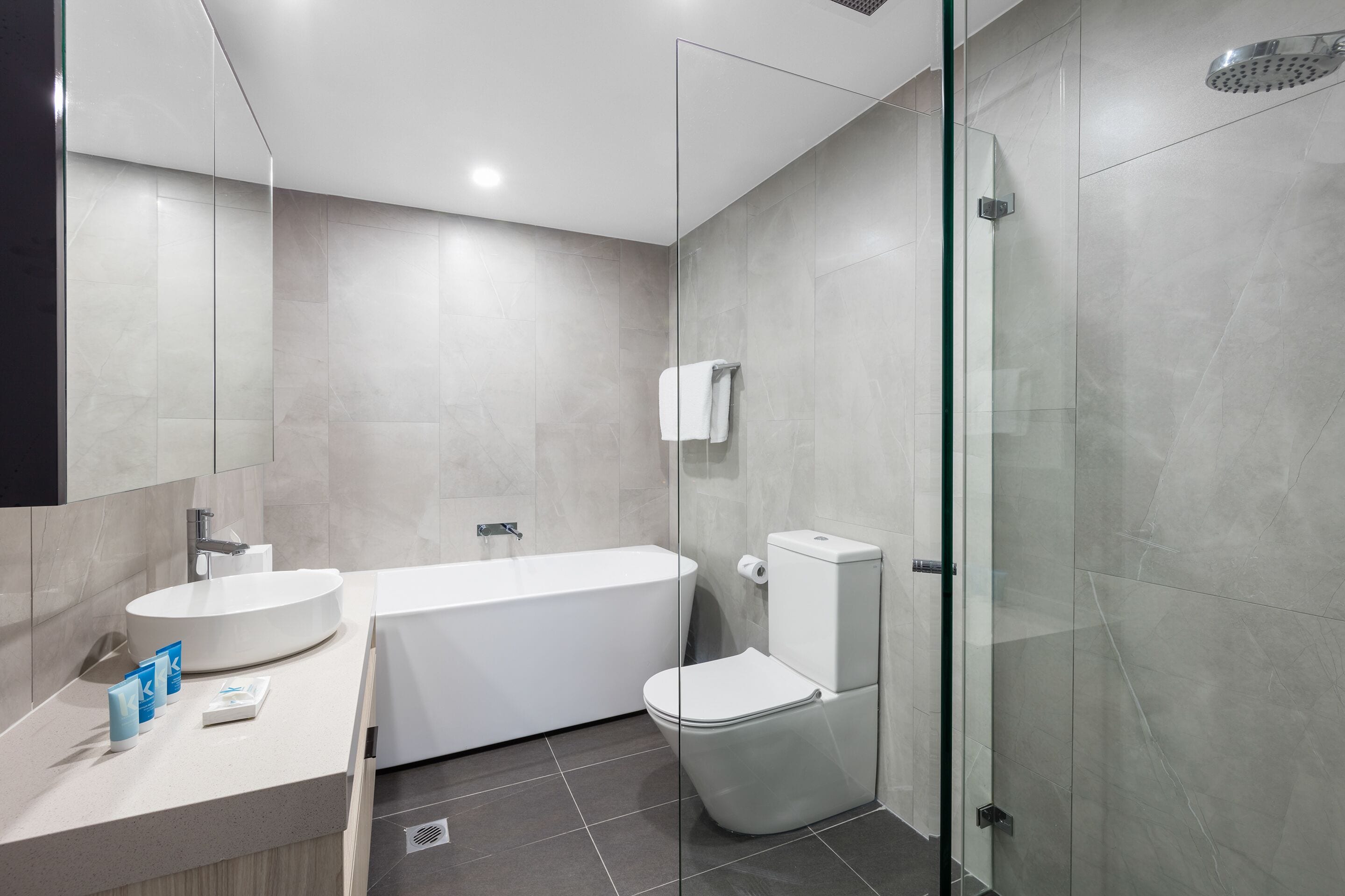 A modern bathroom with a glass-enclosed shower, a white bathtub, and a toilet.