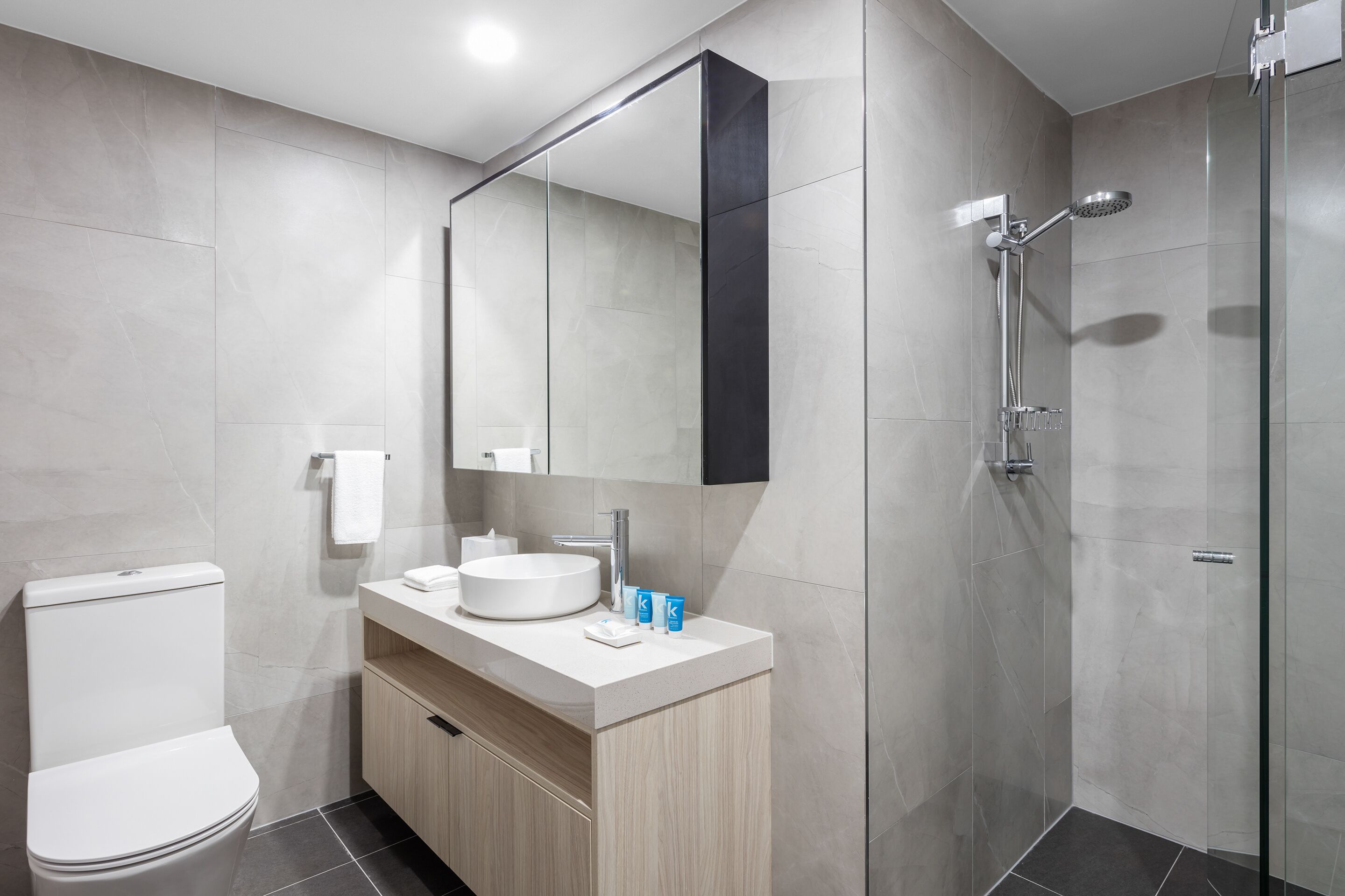 Een moderne badkamer met toilet, wastafel, spiegel en douche.