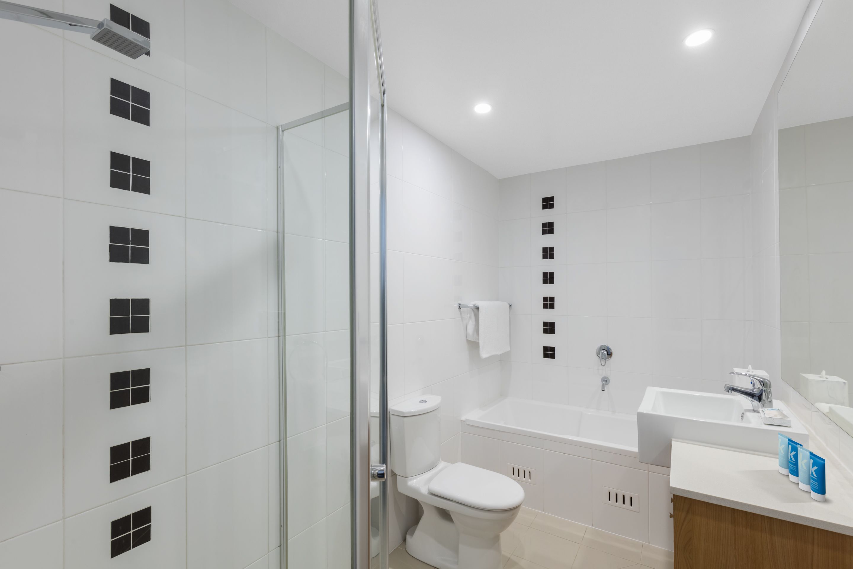 A modern bathroom with a glass shower enclosure, a white toilet, a bathtub, and a sink with a mirror.