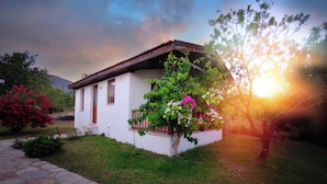Una casa blanca con techo rojo, un sendero de piedra y un árbol con flores rosadas.
