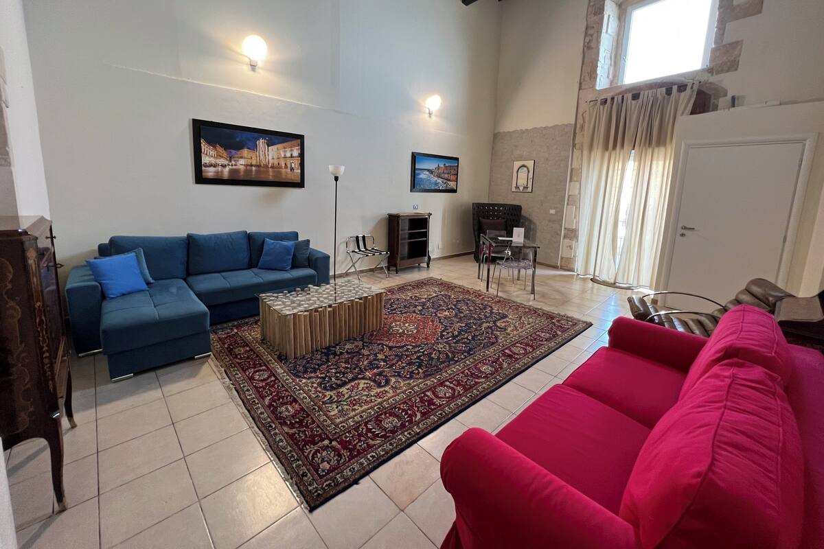 A living room with a blue sofa, a red sofa, a patterned rug, and a wooden coffee table.