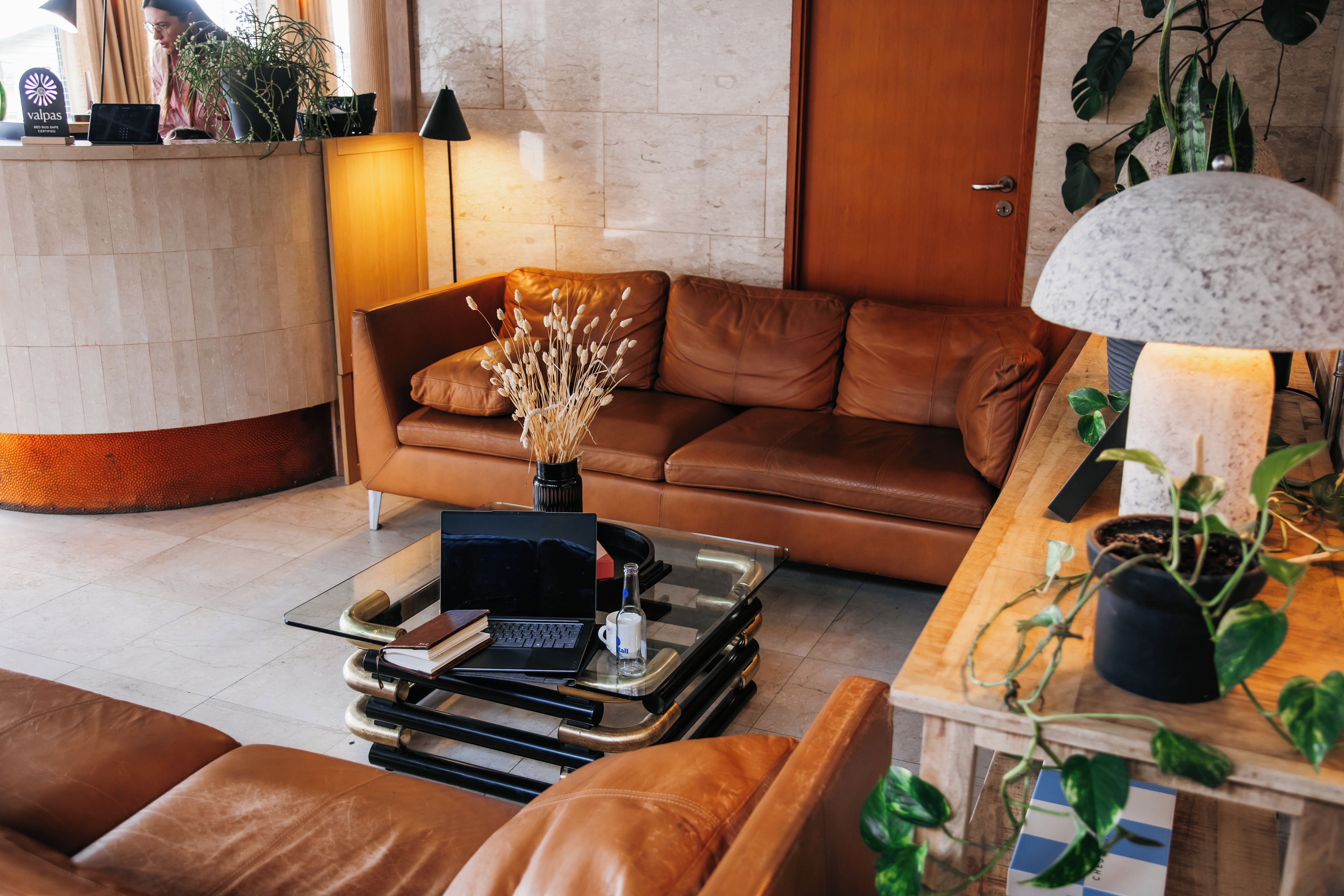 Una sala moderna con un sofá de cuero, una mesa de centro de vidrio con una computadora portátil, libros y una botella. Hay plantas y una lámpara sobre la mesa.
