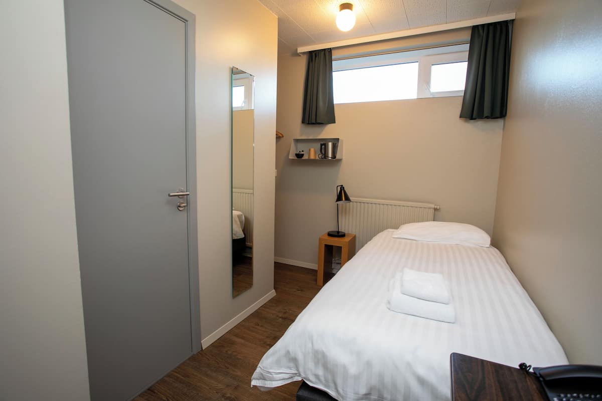 A bedroom with a bed, a bedside table, a lamp, a mirror, a window with curtains, and a radiator.