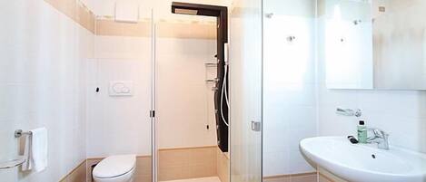 A modern bathroom with a glass shower enclosure, a toilet, and a sink with a mirror.