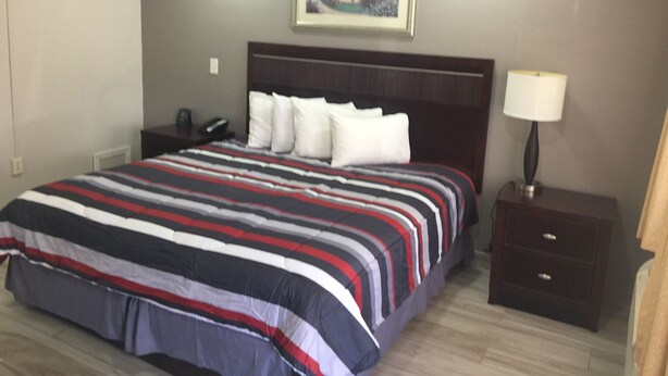Una habitación de hotel con una cama grande, una mesita de noche, una lámpara y un cuadro en la pared.