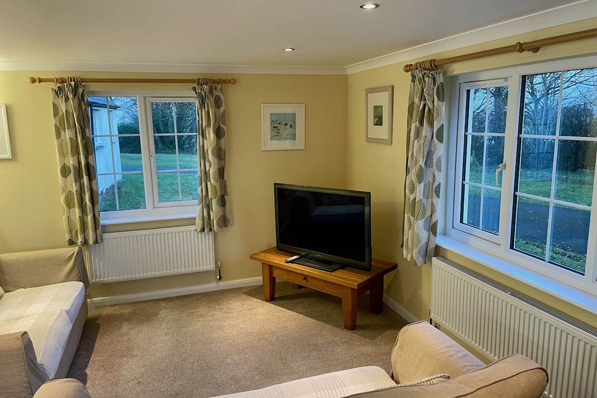 A living room with a television on a wooden stand, beige sofas, and large windows with leaf-patterned curtains.