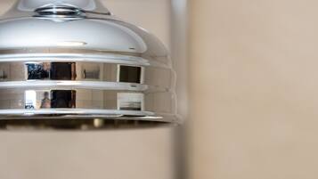 A metallic showerhead with a reflective surface.