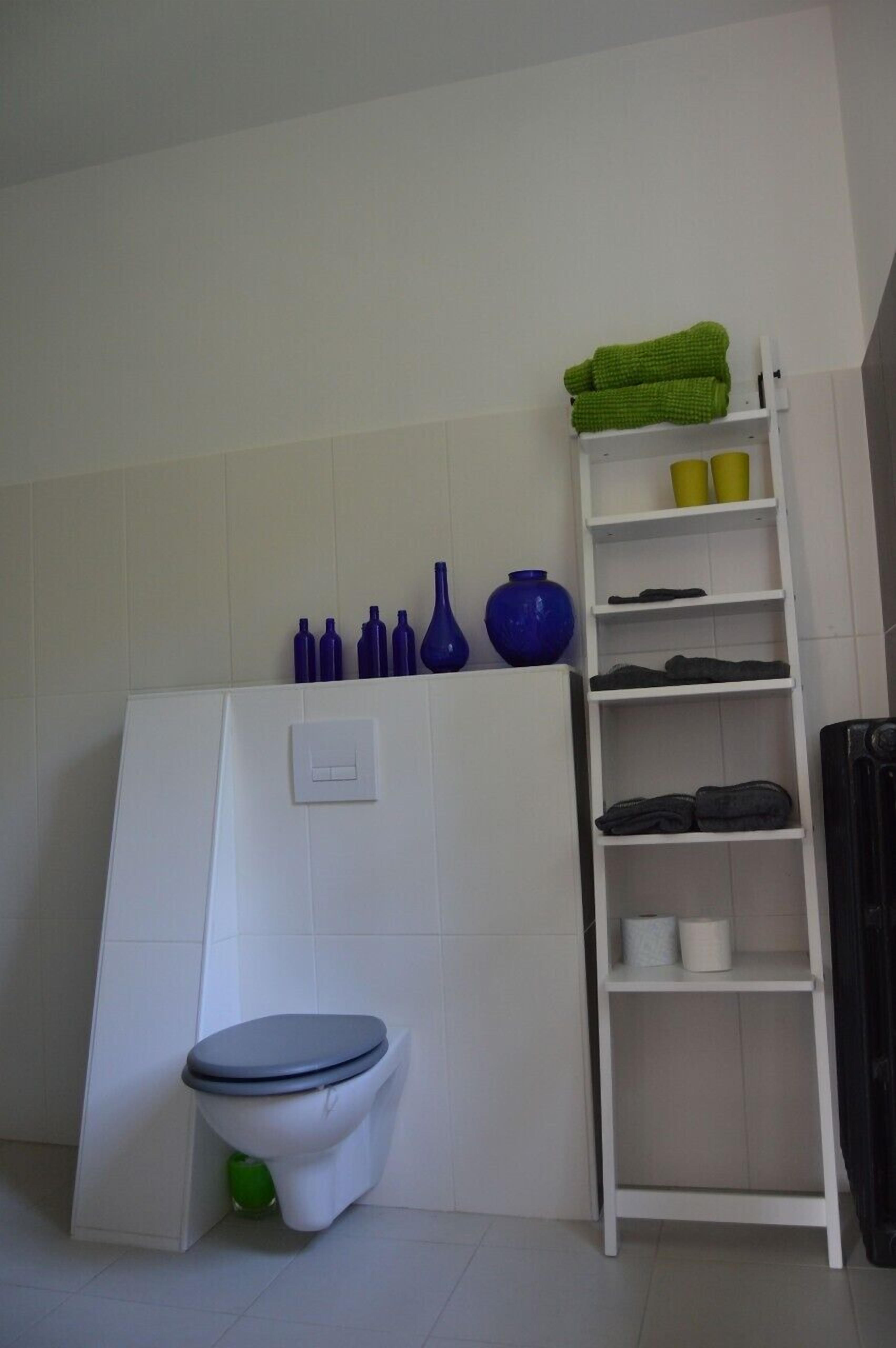 A bathroom with a toilet, a shelf with toiletries, and a towel rack.