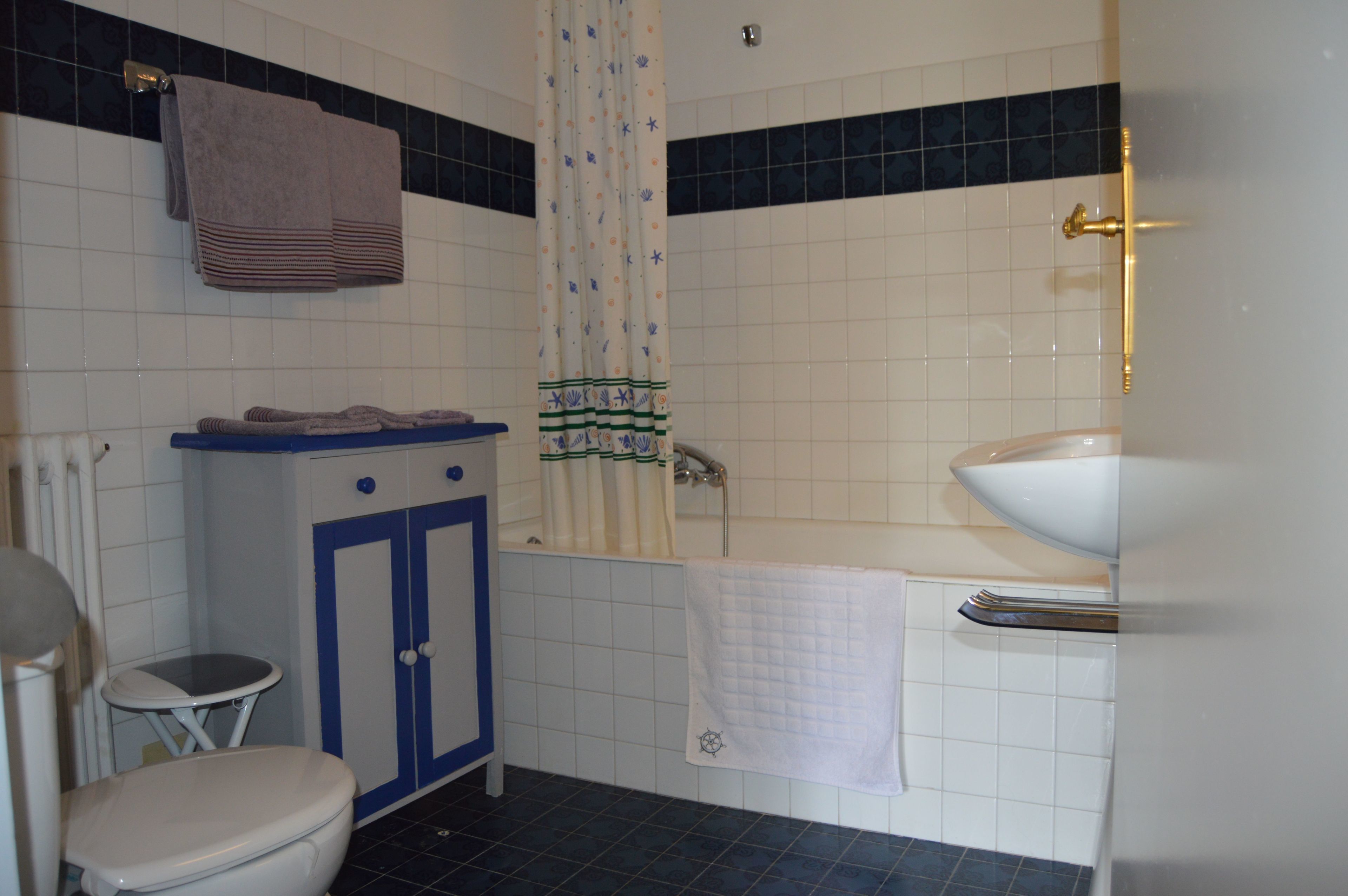 Un baño con inodoro, lavabo y zona de ducha.