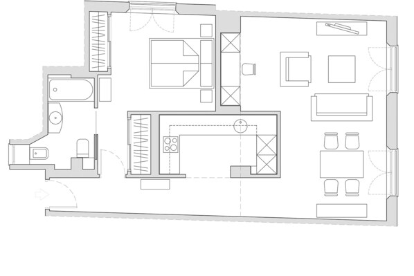 A floor plan of a hotel with multiple rooms, a kitchen area, and a dining space.