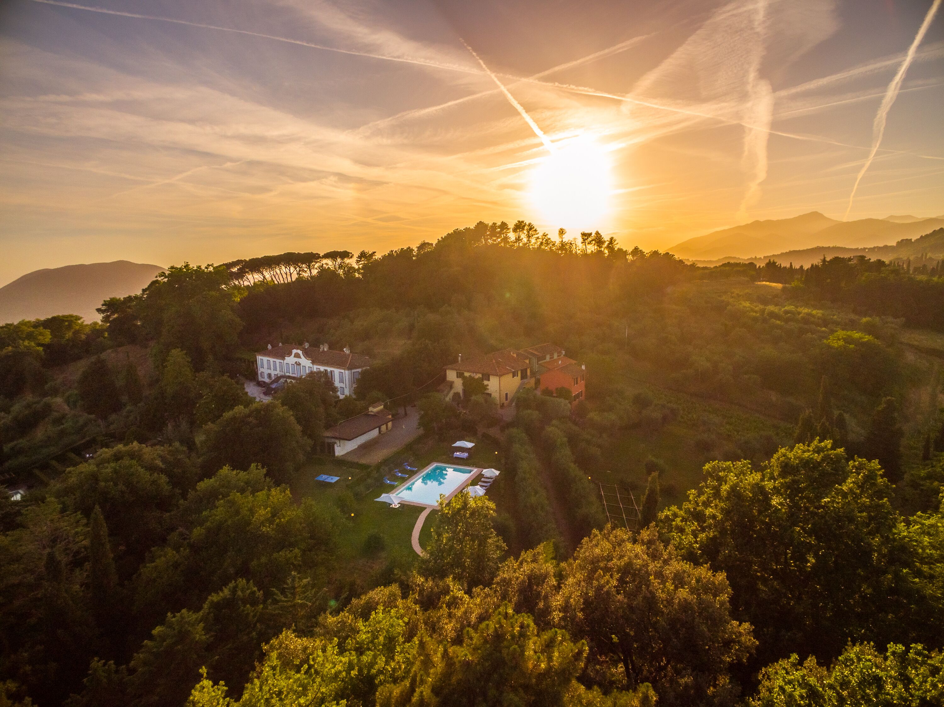 A villa surrounded by lush greenery and a swimming pool, with a clear view of the sunset in the background.