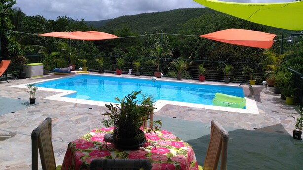 A pool area with a table and chairs, surrounded by potted plants and umbrellas.