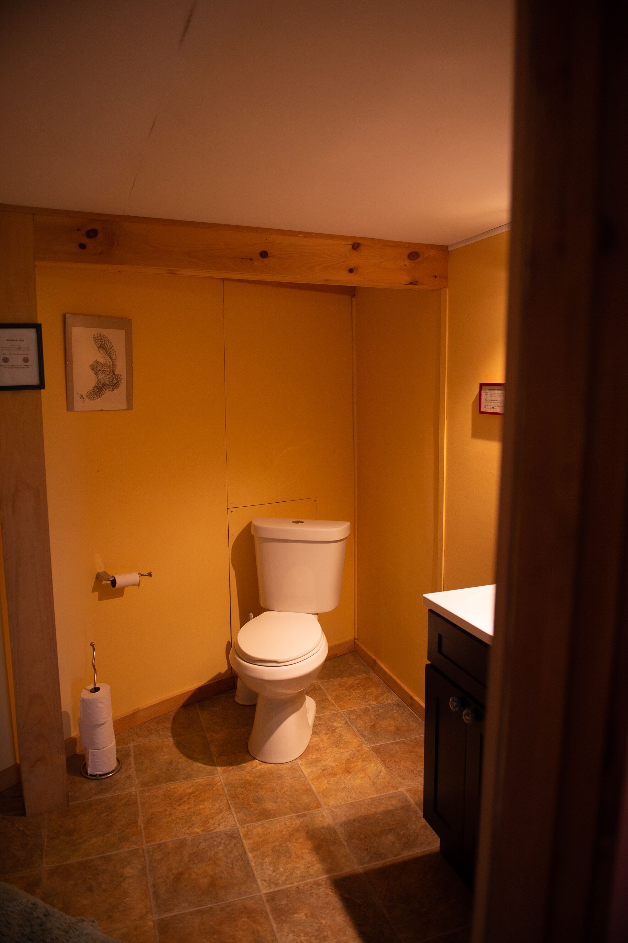 A small bathroom with a toilet, a sink, and a roll of toilet paper on the wall.