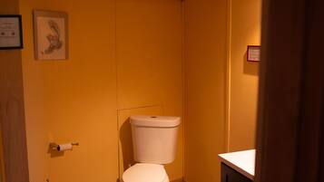 A small bathroom with a toilet, a sink, and a roll of toilet paper on the wall.